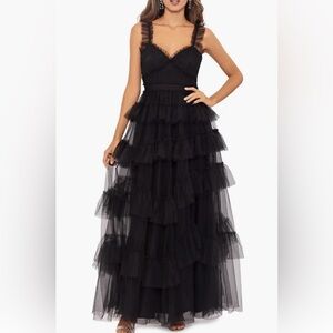 NWT Betsy and Adam Sz 8 black tiered ruffle tulle gown